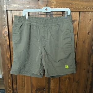 Stio Men's Olive Green Athletic Shorts with Neon Green Logo